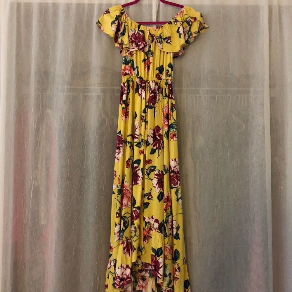Floral off the shoulder high|low yellow dress